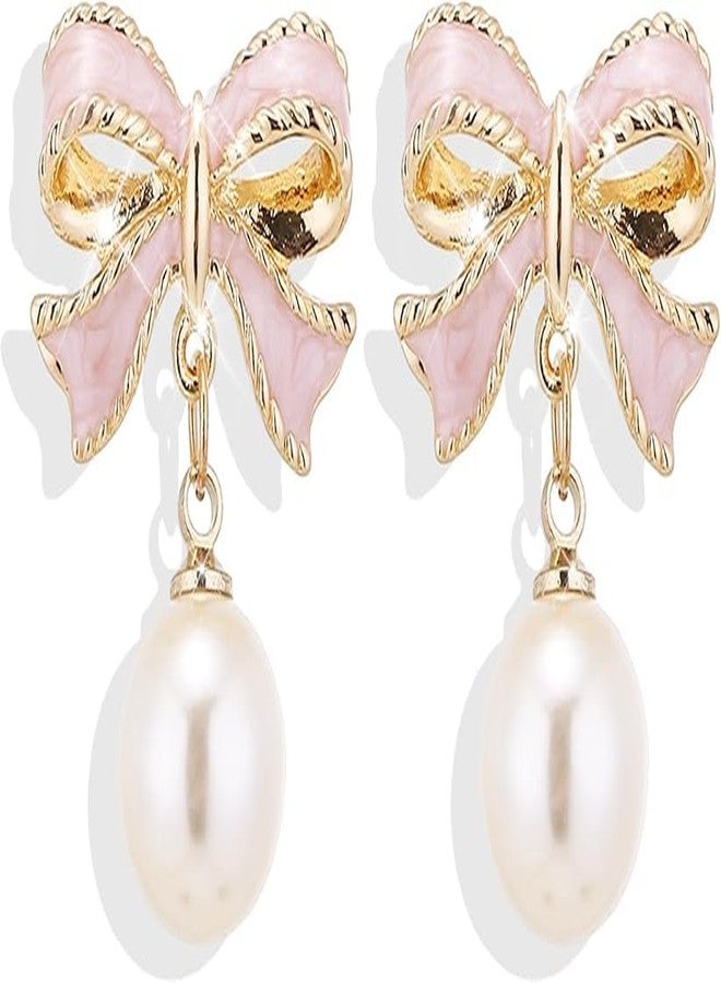 ecozran Dainty Pearl Bow Earrings Pearl Bow Stud Earrings Christmas Party Holiday Jewelry Gifts for Women (Pink -K) - Image 1